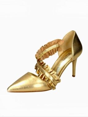 MICHAEL KORS Metallic Gold Pointed-Toe Ruffle Ankle-Strap Bella Pumps SZ 10